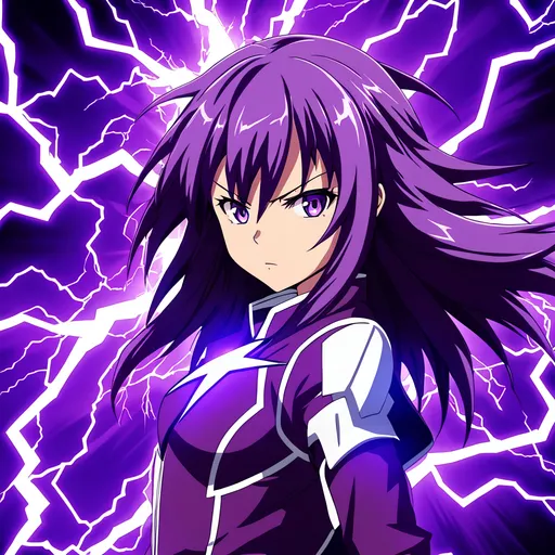 Prompt: anime girl lightning power purple hair