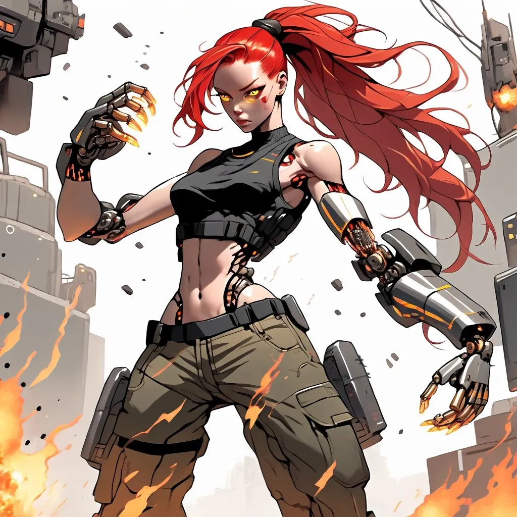 Prompt: A picture of a cyborg woman, red hair, bushy ponytail, golden eyes, two robot arms, black tank top, cargo pants, emitting heat from body, futuristic, war zone, action pose