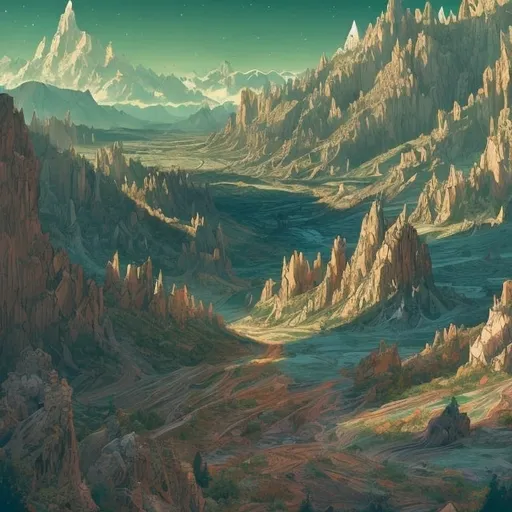 Prompt: Idaho state, high desert landscape, mountains in the distance, steep canyon walls, hyper-detailed, proportional, romantic, enchanting, achingly beautiful, graphic print, trending on art station, Gravity Falls style, lots of green