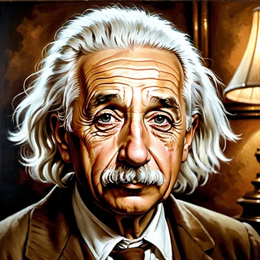 Prompt: Albert Einstein reasoning, traditional oil painting, vintage room, detailed facial features, 4k, ultra-detailed, realistic, historical, vintage, intellectual, thoughtful expression, warm tones, natural lighting