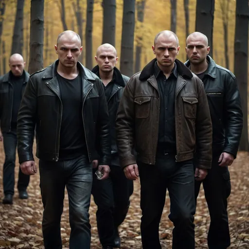 Prompt: Bald Russian gangsters in the woods
