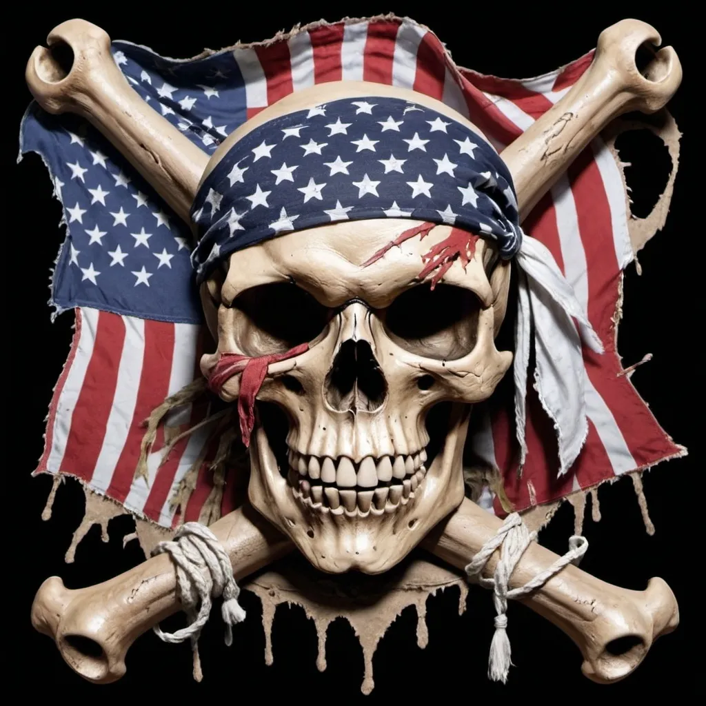 Prompt: a pirate theme skull and bones with a tattered American flag bandana with the words "hoist the colors" written underneath