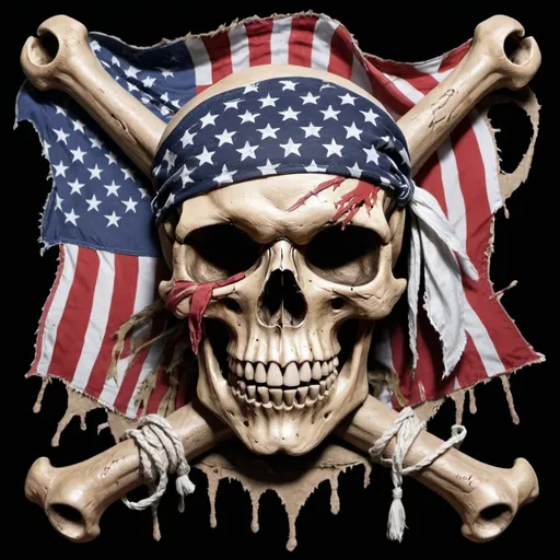 Prompt: a pirate theme skull and bones with a tattered American flag bandana with the words "hoist the colors" written underneath