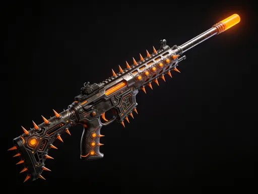 Prompt: This is a highly detailed digital illustration of a futuristic, cybernetic rifle set against a solid black background. The rifle is designed with a dark, metallic, and intricate texture, featuring numerous sharp, orange-glowing spikes protruding from its body. These spikes are evenly spaced along the length of the rifle, adding a menacing, almost demonic appearance. The rifle's barrel is elongated and tapers to a point, with additional orange glowing elements at the tip. The stock and grip are also heavily adorned with similar orange-glowing elements and spikes, giving the weapon a high-tech, otherworldly look. The grip area has a contoured design for a secure hold. The rifle's body showcases a complex network of metallic plates and circuits, with a mix of sharp and smooth edges. The overall color palette is dominated by dark metallic greys and blacks, contrasted by the vibrant orange glow of the spikes and glowing elements. The style of the illustration is highly realistic with a focus on intricate detail and texture, emphasizing the weapon's advanced and somewhat sinister design. The image is centered in the frame, with the rifle angled slightly upwards to the right.