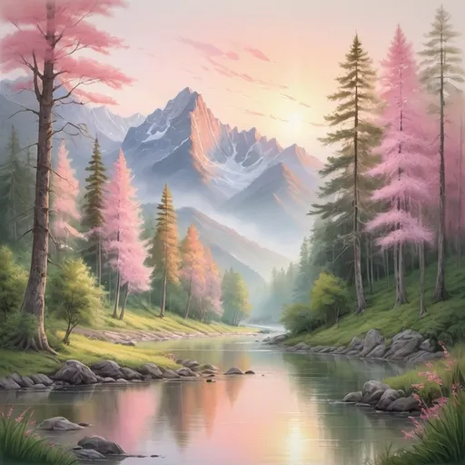 Prompt: Beautiful nature drawing in a forest sunrise three mountains pink coloured trees more and more a beautiful drawing a river was right side up corner to left side down corner goinga