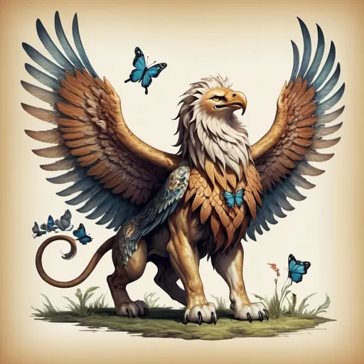 Prompt: Design fantastical creatures that don't exist in nature, such as a combination of a lion and an eagle, or a fish with butterfly wings.