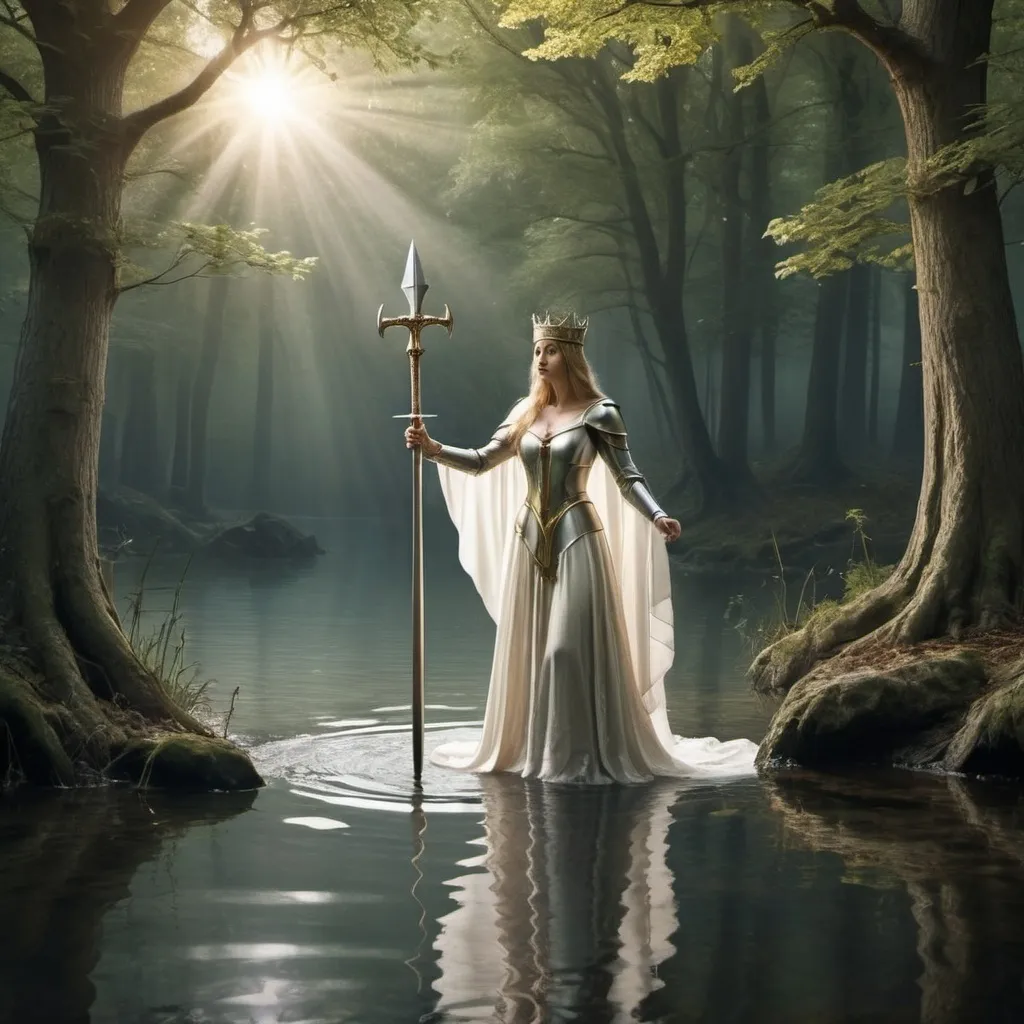 Prompt: Create a scene from Arthurian legend, such as the Lady of the Lake bestowing Excalibur upon King Arthur, or the quest for the Holy Grail in a mystical fores
