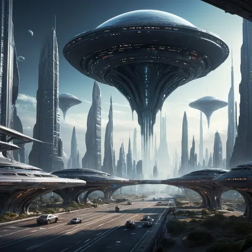 Prompt: Design futuristic cities, spaceships, or alien landscapes that evoke a sense of awe and wonder.