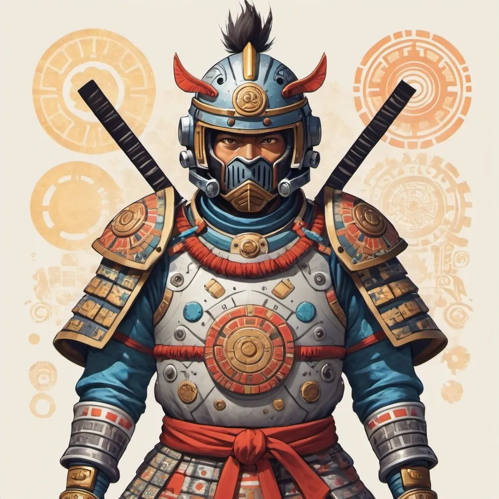 Prompt: Combine elements from different cultures or historical periods to create a unique cultural fusion, such as a Samurai knight or an Aztec astronaut.
