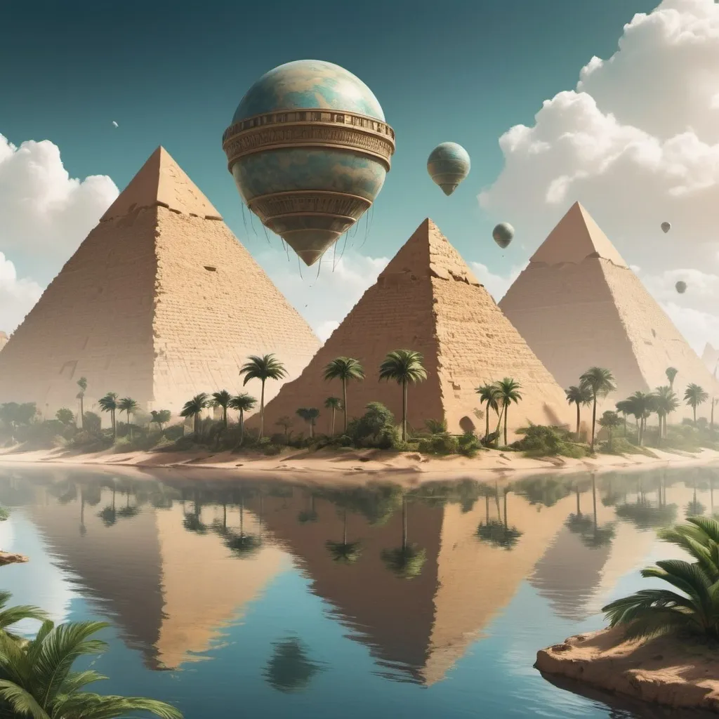 Prompt: Create surreal landscapes or cityscapes that blend elements from different places or eras. For example, a city skyline with ancient Egyptian pyramids or a forest with floating islands.