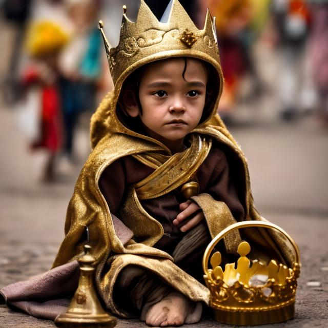 Prompt: The little king in the costume of a beggar