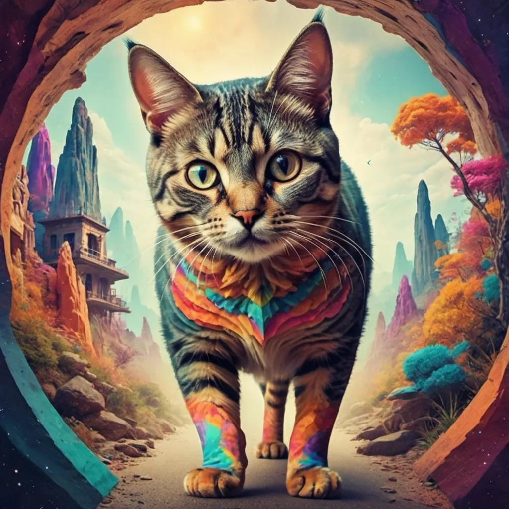 Prompt:  Crea una imagen de un gato en cuatro patas viajando por el multiverso en estilo psicodelic fragmentado