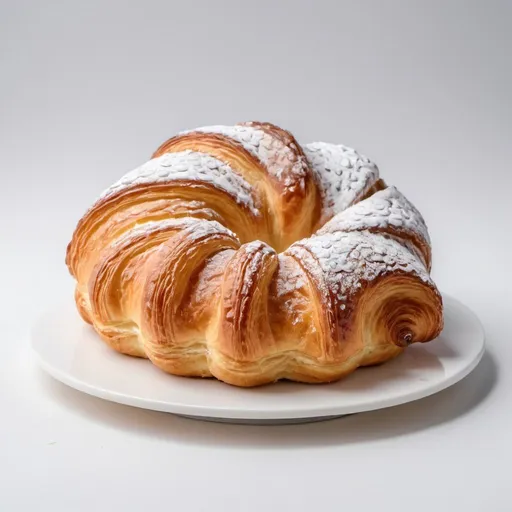 Prompt: A Croissant cake put in white flat and white background, portrait 