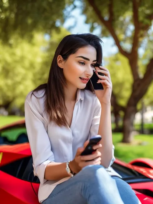 Prompt: 25-year-old girl with Ferrari, chatting on iPhone under a tree, sunny day, high quality, realistic, luxury, detailed facial features, vibrant colors, natural lighting, stylish, modern, elegant, detailed Ferrari, casual conversation, youthful, affluent, upscale, comfortable, leisurely atmosphere