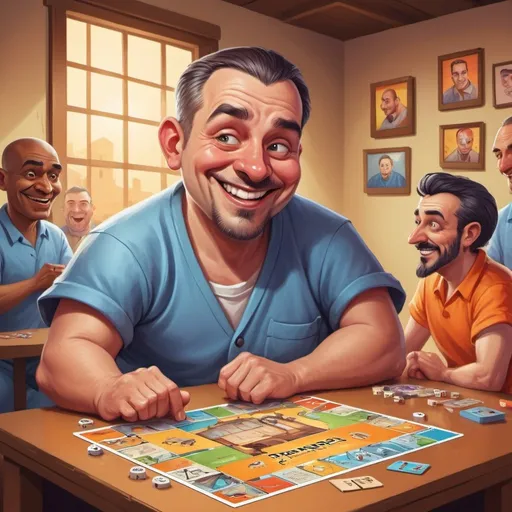 Prompt: prisoner playing ethics themed board game, colorful cartoon caricature, high quality, digital illustration, humorous style, bright and lively colors, warm lighting, engaging storytelling, vibrant art style, cheerful ambiance, professional rendering, ethical theme, engaging narrative, captivating illustration