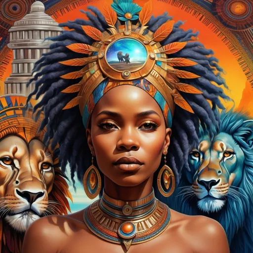 Prompt: (Chinwe Chukwuogo-Roy inspired), highly detailed digital painting, afrofuturism elements, a woman wearing an ornate headpiece, a majestic lion juxtaposed with her face, vibrant colors blending harmoniously, intricate patterns in the background, a detailed map of Africa framed behind, ethereal ambiance, captivating and symbolic, ultra-detailed, fine art masterpiece, evocative and sophisticated atmosphere.
