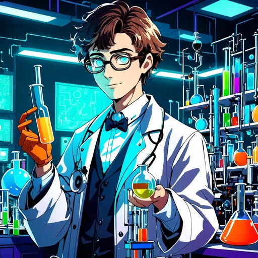 Prompt: Boy, anime character, dressed as a scientist with glasses, looking confident and curious, bright laboratory background with scientific gadgets and glowing flasks, vibrant colors, crisp detailing in attire and surroundings, ultra-detailed, cheerful ambiance, high contrast lighting to enhance features, futuristic aesthetics, capturing a sense of inspiration and intellect.