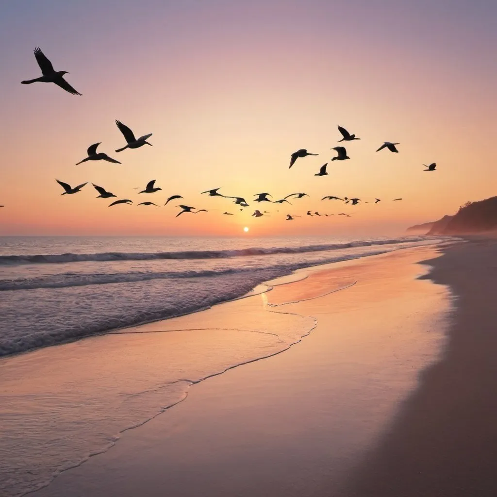 Prompt: peaceful nature 
birds
beach
sunrise 