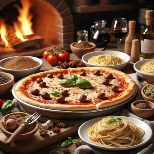 Prompt: (best Italian meals with their recipes and pictures), culinary masterpiece, vibrant colors, warm and inviting, rustic aesthetic, cozy atmosphere, gourmet presentation, vivid images of pasta, pizza, and tiramisu, fine dining details, homely Italian kitchen background, chefs preparing food, cooked ingredients and spices, handwritten recipes in the background, ultra-detailed, 4K resolution, photorealistic, mouth-watering presentation, professional lighting, high depth of field, close-ups for detail.