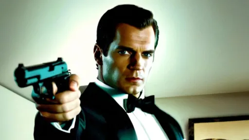 Prompt: Henry Cavill, angry, in a tuxedo suit pointing a gun, inside a hotel