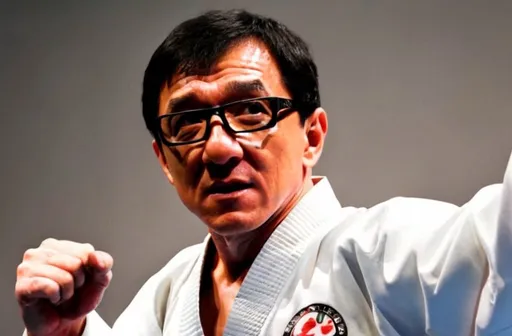 Prompt: Jackie Chan in Karate Gi, fighting pose, on the stage in front of a large crowd.