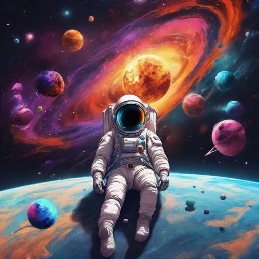Prompt: Astronaut chilling in space with a black hole in the background and exploding planets with a lot of vibrant colors realistic shade
