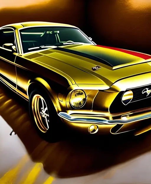 Prompt: Mustang made out of gold painted with oil 