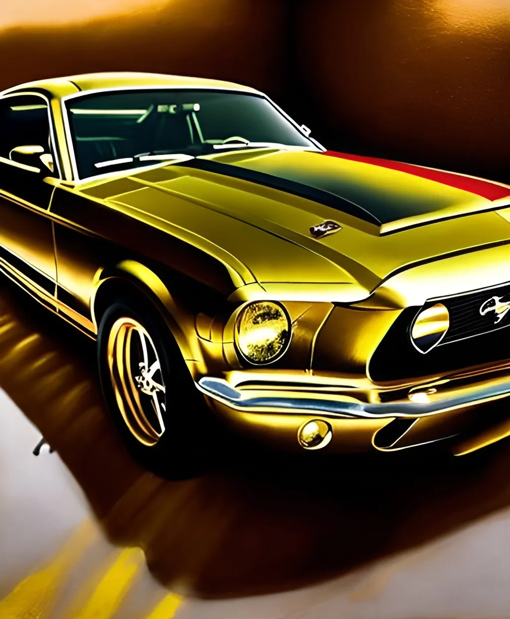 Prompt: Mustang made out of gold painted with oil 