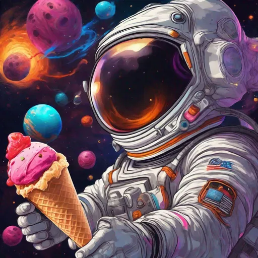 Prompt: Astronaut chilling in space with a black hole in the background and exploding planets with a lot of vibrant colors realistic shade eating Ice cream
