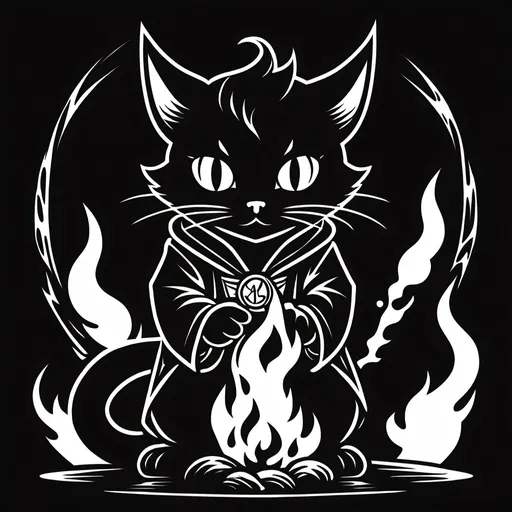 Prompt: black outline of cat mage in front of hellfire

