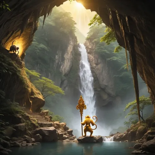 Prompt: The background was taken in a hidden mountain forest. There is a cave entrance located on the mountain wall halfway up the mountain. There is a waterfall covering the entrance of the cave. From behind the waterfall, vaguely see a monkey king with a golden stick on his shoulder and a golden glow all over his body.