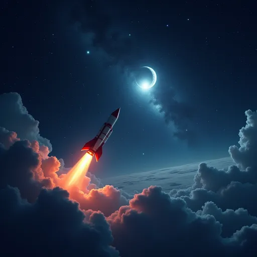 Prompt: (space rocket approaching polar star), (night sky), (starry background), (camera perspective from the rocket), deep cosmic hues, vast space ambiance, vibrant celestial colors, gripping depth, ultra-detailed, high quality, contrasting against darkness, near the right edge, expansive star field, awe-inspiring journey, illuminated rocket, cold and ethereal atmosphere.