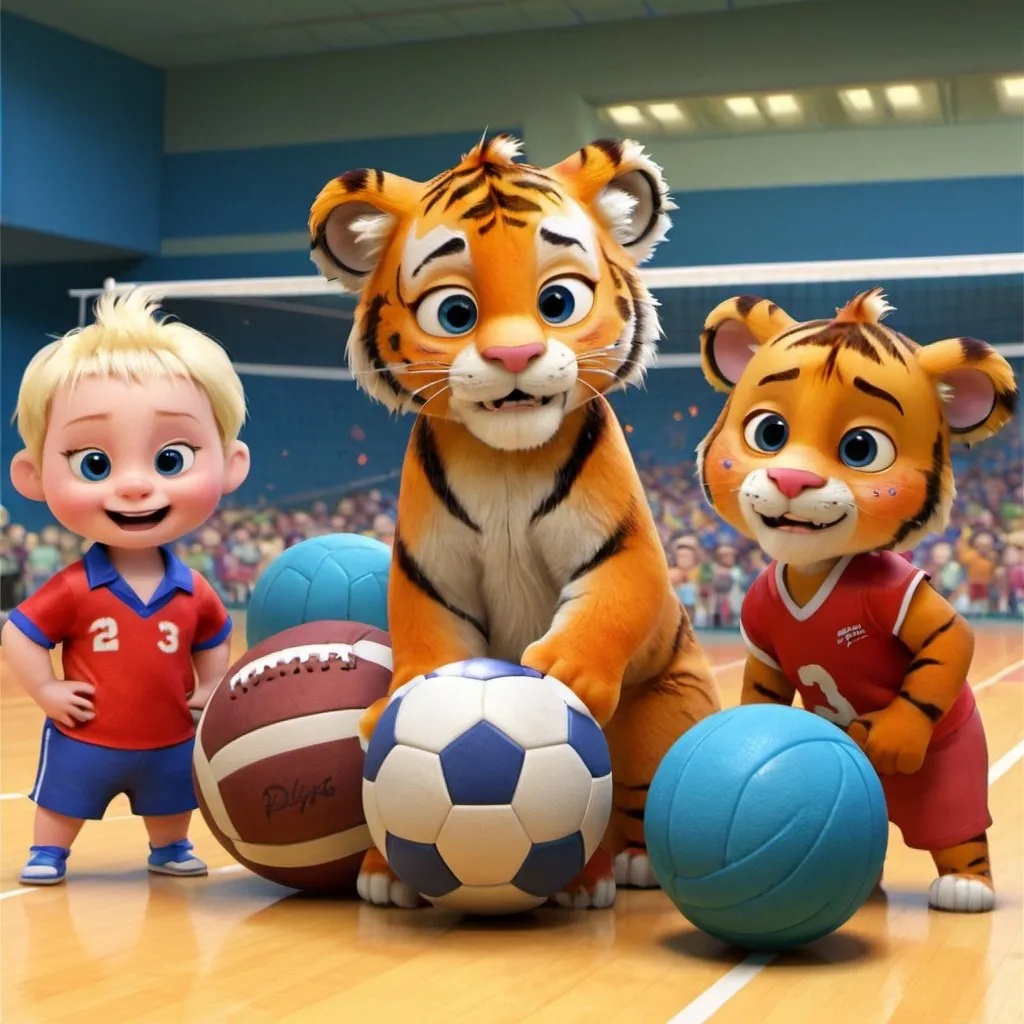 Prompt: Create a sports day picture with cute 5 of little tiger cubs playing sports such as football, volleyball, bowling, badminton and console games wearing red, blue and white shirts