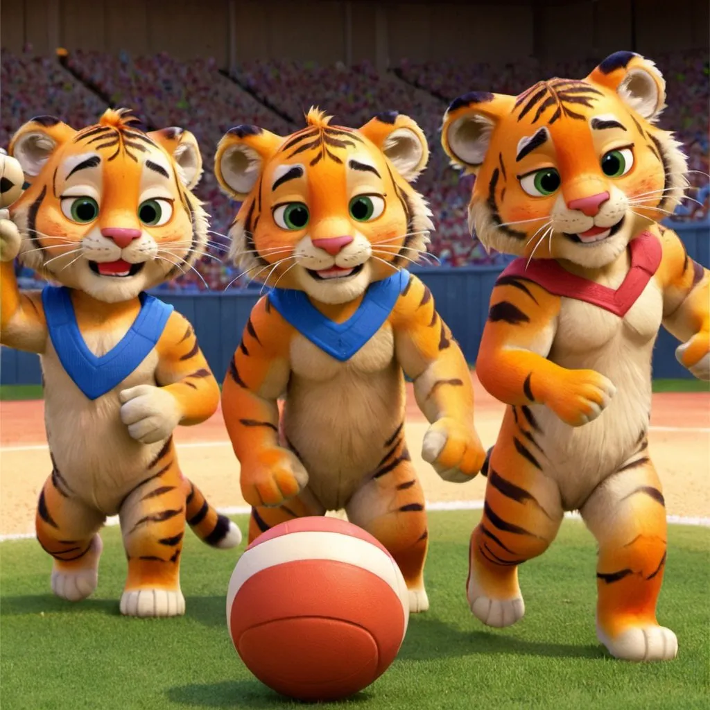 Prompt: Create a sports day picture with cute 5 of little tiger cubs playing sports such as football, volleyball, bowling, badminton and console games wearing red, blue and white shirts