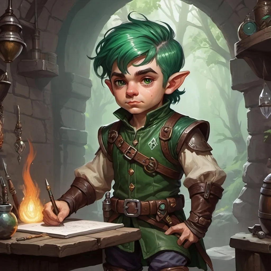 Prompt: dungeons and dragons fantasy art halfling male artificer with dark green hair workshop tinkerer