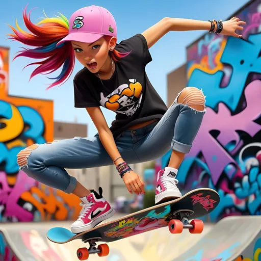 Prompt: Female skateboarder in urban graffiti skatepark, realistic oil painting, vibrant and lively, multi-colored hair in ponytail, baggy ripped jeans, stylish crop top, baseball cap, dynamic skateboarding pose, high quality, detailed, realistic, urban, energetic, athletic, graffiti, vibrant colors, street art, fun and exciting atmosphere, professional lighting