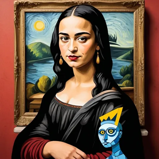 Prompt: Produz uma ilustração que seja uma mistura de mona lisa, frida khalo, van Gogh, Picasso, matisse e que sirva de base a uma festa de aniversário de uma criança de 8 anos com o tema arte. 