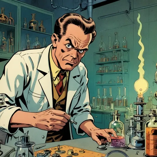 Prompt: A mad scientist in a lab, in the style of Jack Kirby and Wally Wood, 1940s vintage comic, faded colors