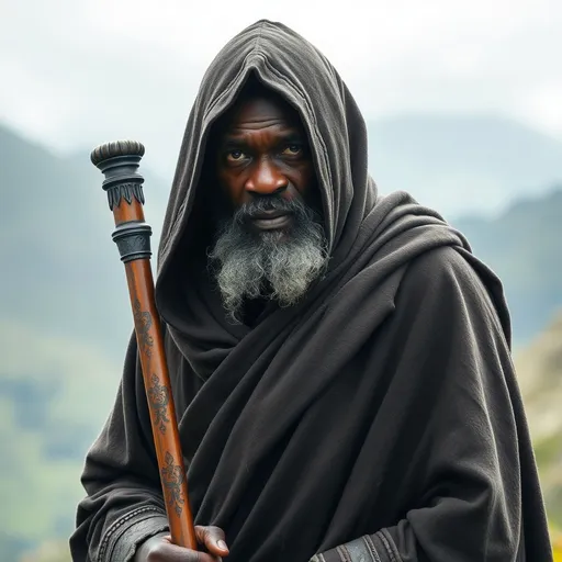 Prompt: Idris Elba as a grizzled old wizard monk who lives quietly in the hills. His hood is pulled up over his face and he has a cane.