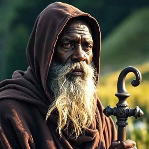 Prompt: Idris Elba as a grizzled old wizard monk who lives quietly in the hills. His hood is pulled up over his face and he has a cane.