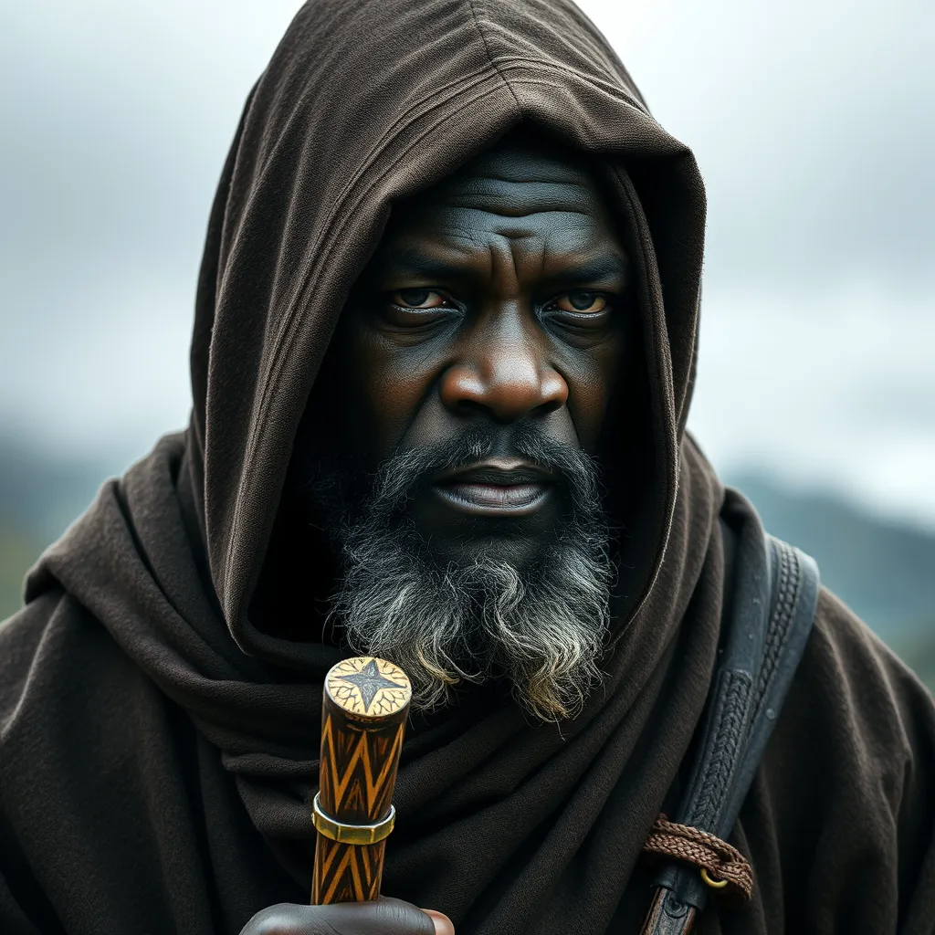 Prompt: Idris Elba as a grizzled old wizard monk who lives quietly in the hills. His hood is pulled up over his face and he has a cane.