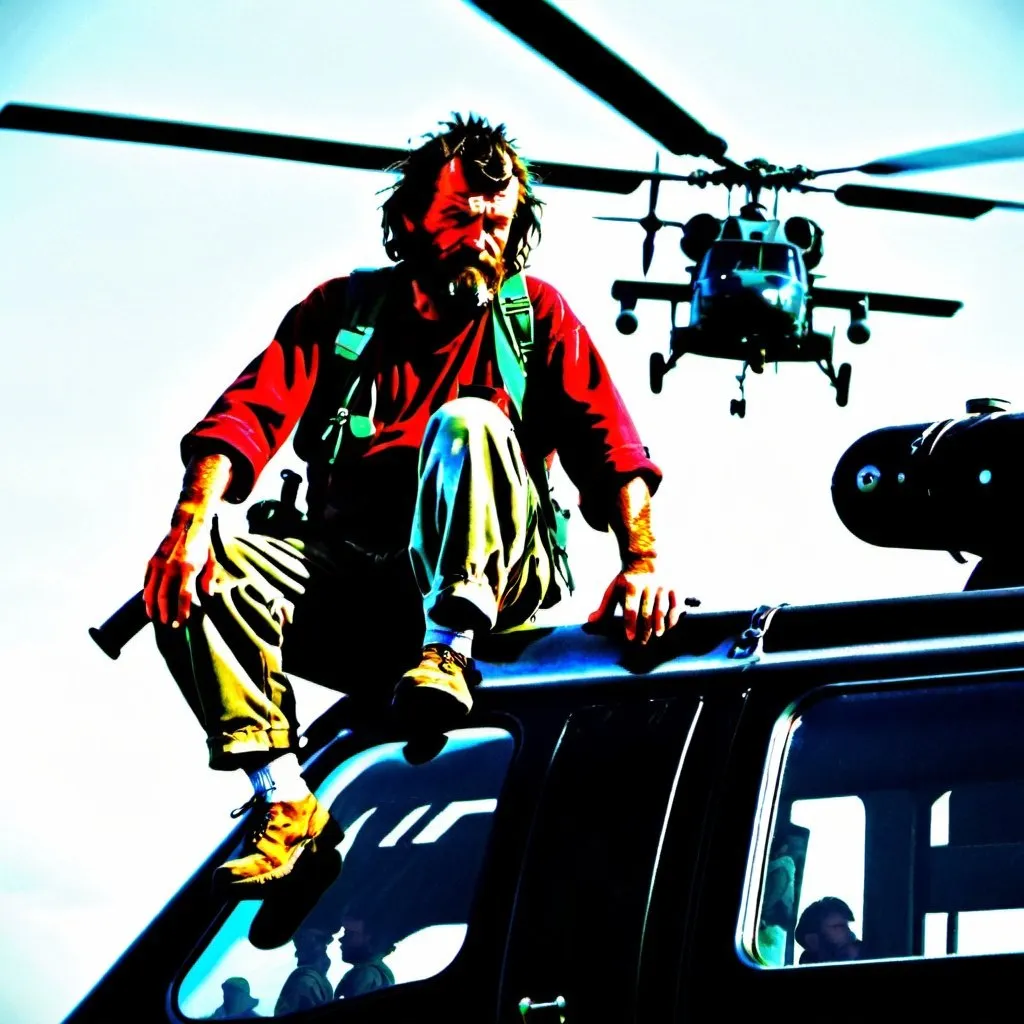 Prompt: Hobo on a blackhawk