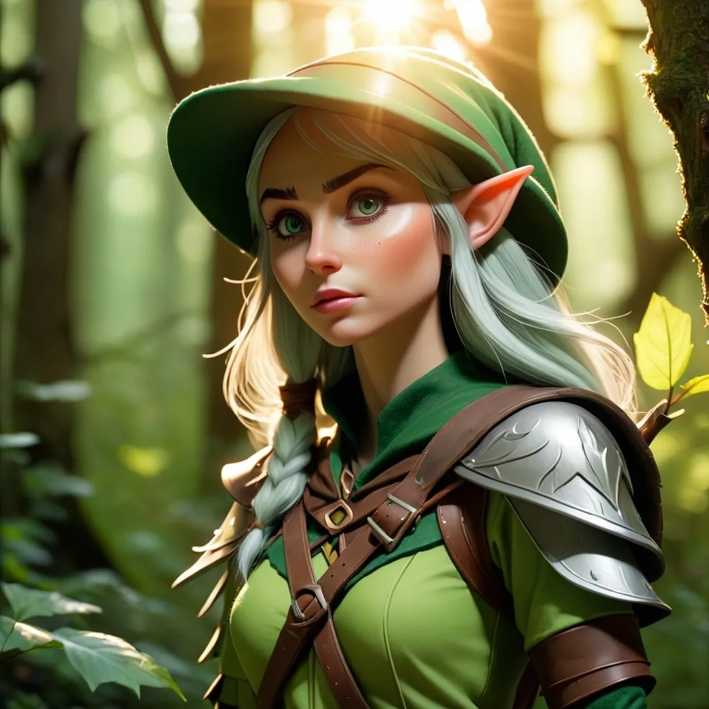 Prompt: Elf ranger in a mystical forest around sunlight