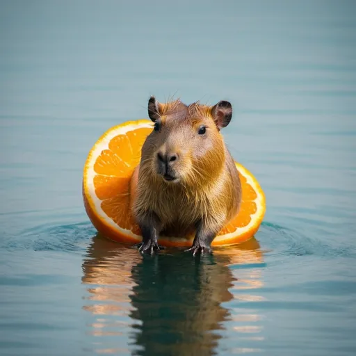Prompt: A capybara in the ocean, floating on a slice of an orange