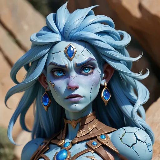 Prompt: earth genasi, stone skin with cracks, blue gems protruding from skin, blue hair