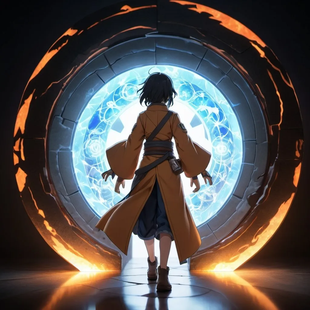 Prompt: A cool anime character stepping through a glowing portal, symbolizing the transition to another world add text Isekai Anime Collectibles