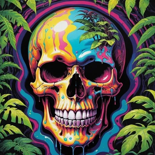 Prompt: psychedelic print skull, jungle, melting, concert poster, trick of the eye painting