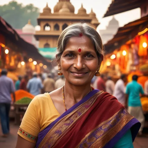 Prompt: traditional Indian mid-aged woman, (authentic facial features), (traditional attire), vibrant colorful market streets, (temple architecture) in the background, bustling atmosphere, warm golden lighting, lively ambiance, cultural richness, intricate details, slight smile, (HD quality), textile patterns, spices displayed, soft focus on characters, storytelling scene with depth and emotion.