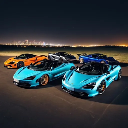 Prompt: futurstic vibes with a mclaren 720s, a r34, a porsche gt3 rs, and pagani huarya  at night. elavation angle the ground to the view should be about 70 degrees