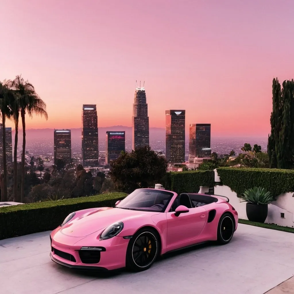 Prompt: mansion overlooking downtown LA with a beautiful pink sunset, there is black porsche parked in front of the mansion